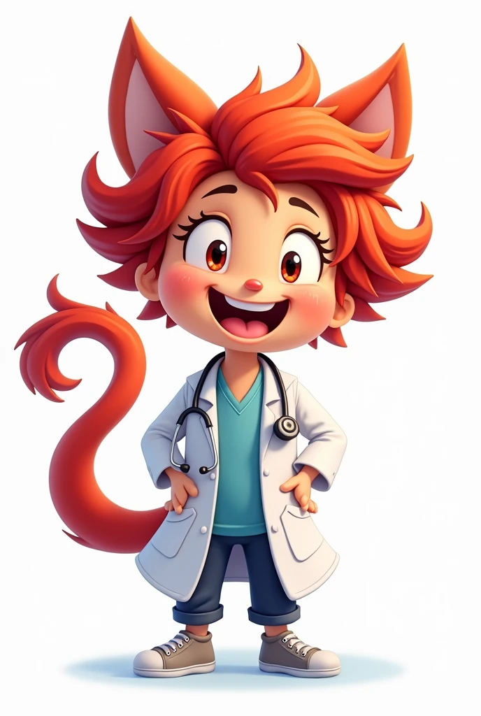 cartoon with red hair, hypdertailed, wearing lab coat, with stethoscope on the neck, Grinning, very cheerful, white background
