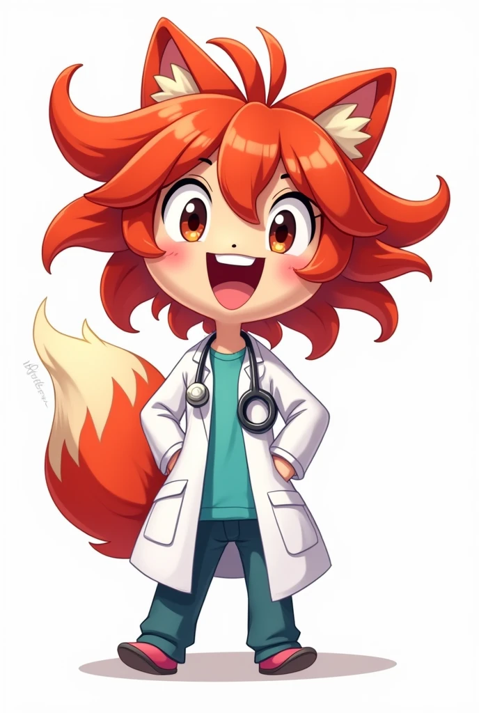  cartoon with red hair, hypdertailed, wearing lab coat, with stethoscope on the neck, Grinning, very cheerful, white background