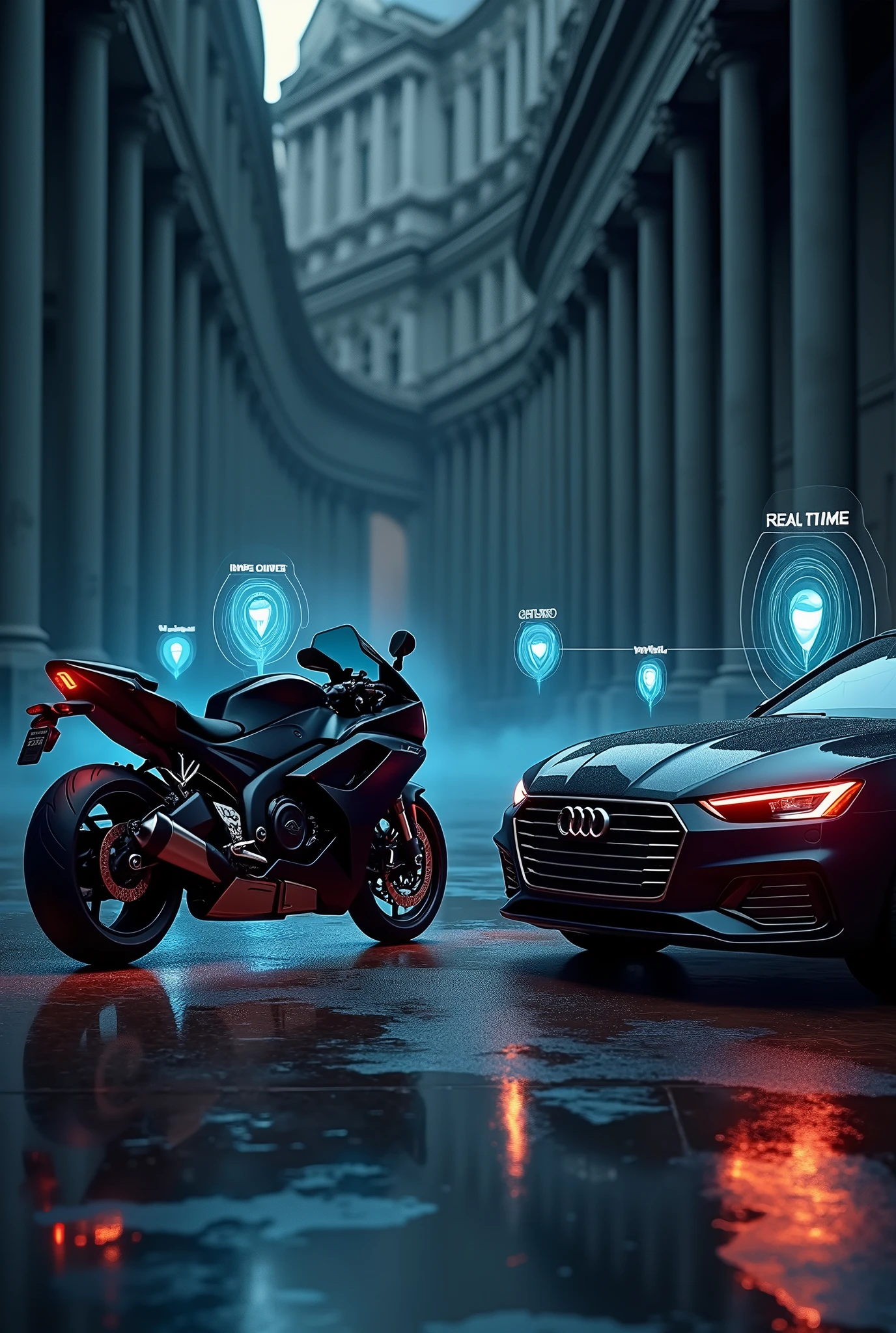 promotional image you requested, with the motorcycle and the car , both equipped with GPS tracking and monitoring services. Real-time location markers highlight the accuracy and safety of the service. striking classic images