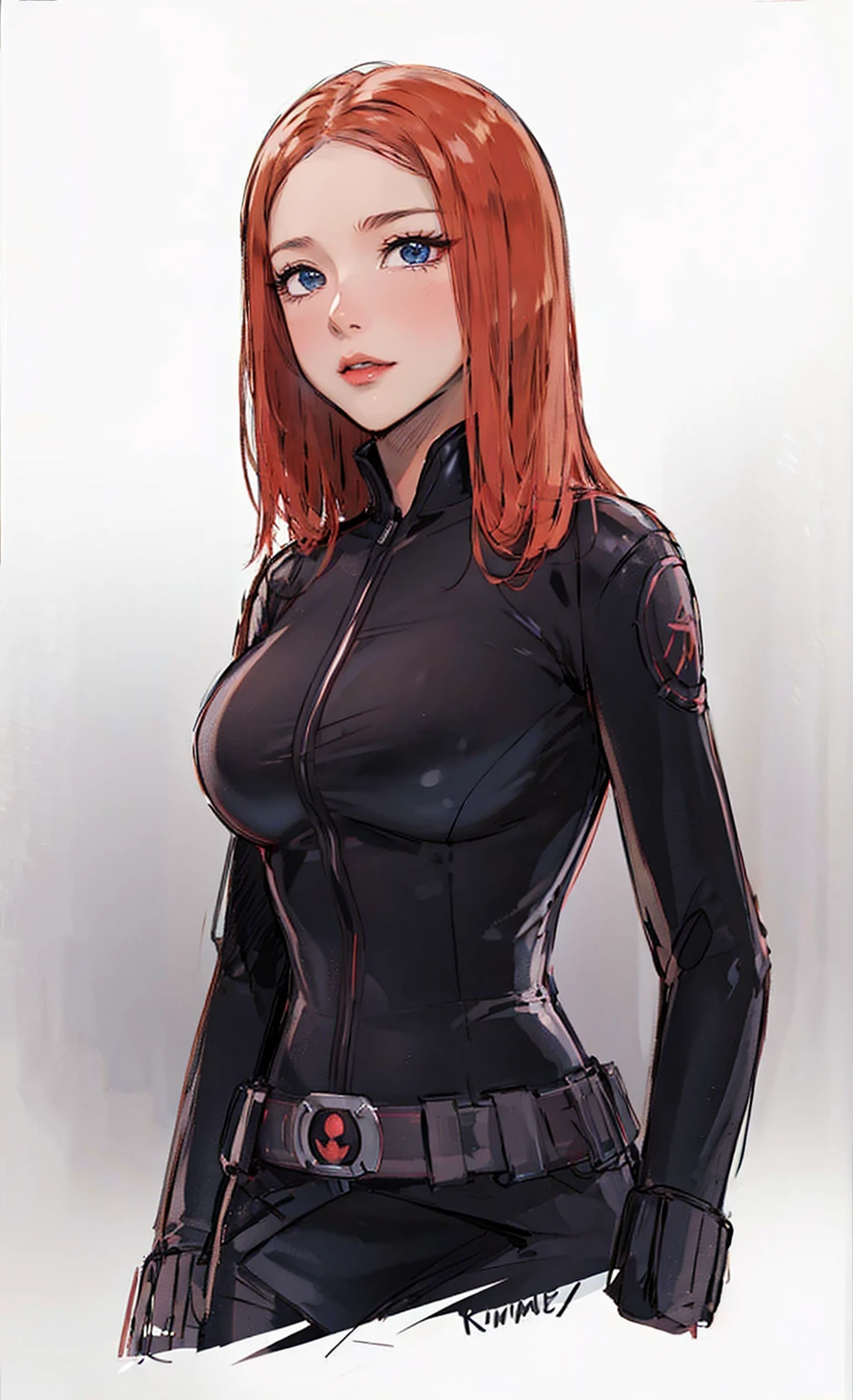 The image depicts Black Widow. She is illustrated with bright red, shoulder-length hair and blue eyes, and is clad in a sleek skin-tight shiny black latex bodysuit with a black silver zipper running down the front. The suit is complemented by her shiny iron wrist guard on both wrists and a metal belt with a buckle with a red hourglass mark. Her gaze is intent and directed off-screen, implying alertness and focus on an unseen threat or target. She appears with a cute smile on her face. The atmosphere of the image conveys confidence and resilience, characteristics synonymous with the Black Widow persona. The background of the image is an off-white color, which creates a subdued and timeless ambiance.