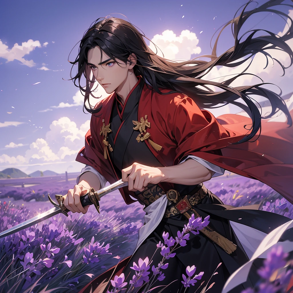 A Handsome black-hair male holding a large sword in red-white ancient general chinese, close up.
Stroll among the purple lavender fields , There are some floating clouds,