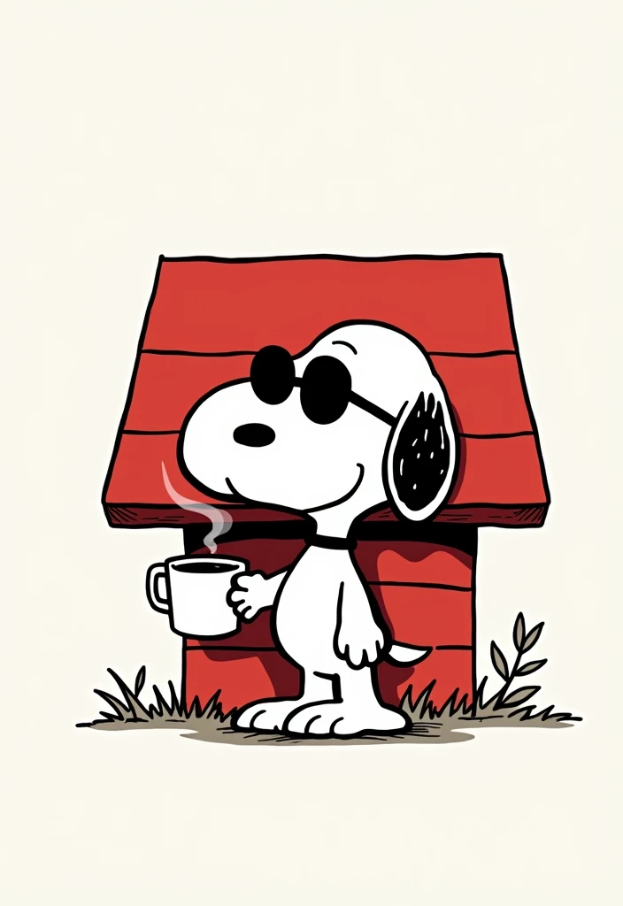 A drawing of Snoopy, the famous dog from the comic strip 'Peanuts'. He wears sunglasses and a shirt. He is standing and leaning against his doghouse in the background.. Snoopy is holding a coffee mug, with steam rising from it. The drawing style is composed of firm and bold lines., Handmade, no shading. The overall look is clean and minimalistic, with precise and confident features, emphasizing the character and the scene.