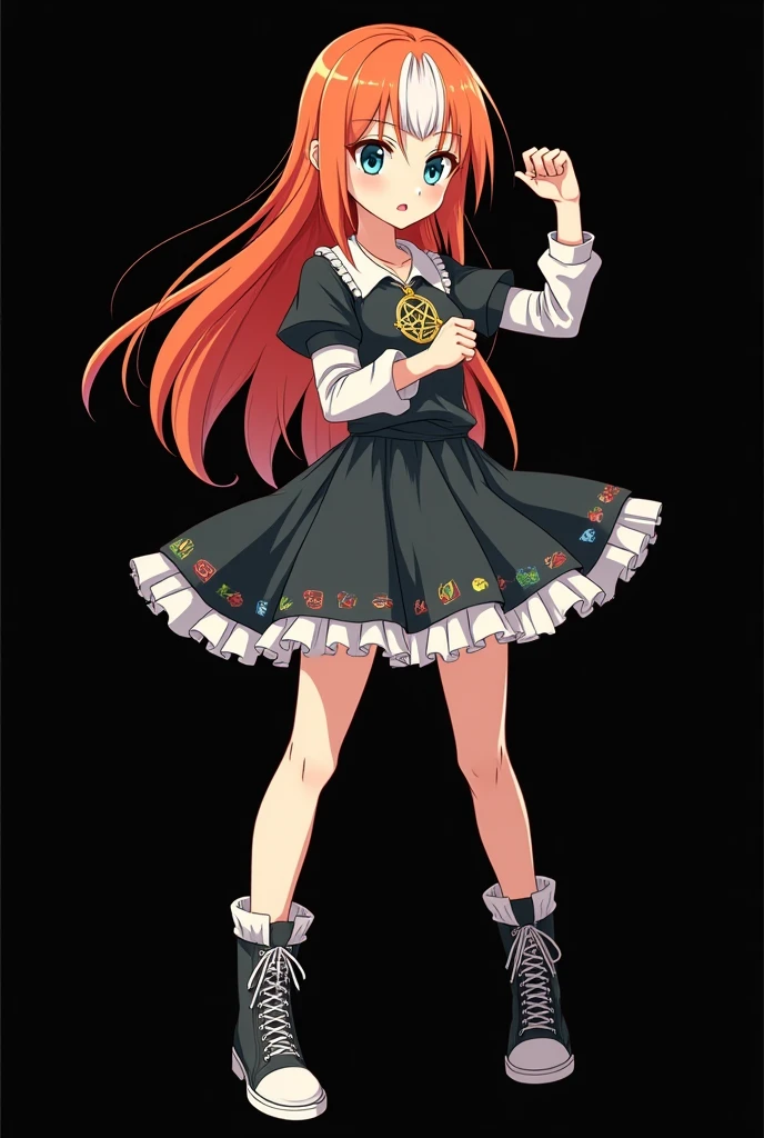 A full body image of an child, personagem do anime "JUJUTSU KAİSEN", she is very beautiful, with long, straight, fire-colored hair with two white streaks highlighted in the front, framing your face. She has blue-green eyes and pale skin.. she is a Wiccan, she is in fighting pose. she wears a pentagram necklace, tight skirt, beautiful women's high-top shoes and ¾-long socks. Gege Akutami's Drawing Style, anime creator "JUJUTSU KAİSEN". black backdrop.