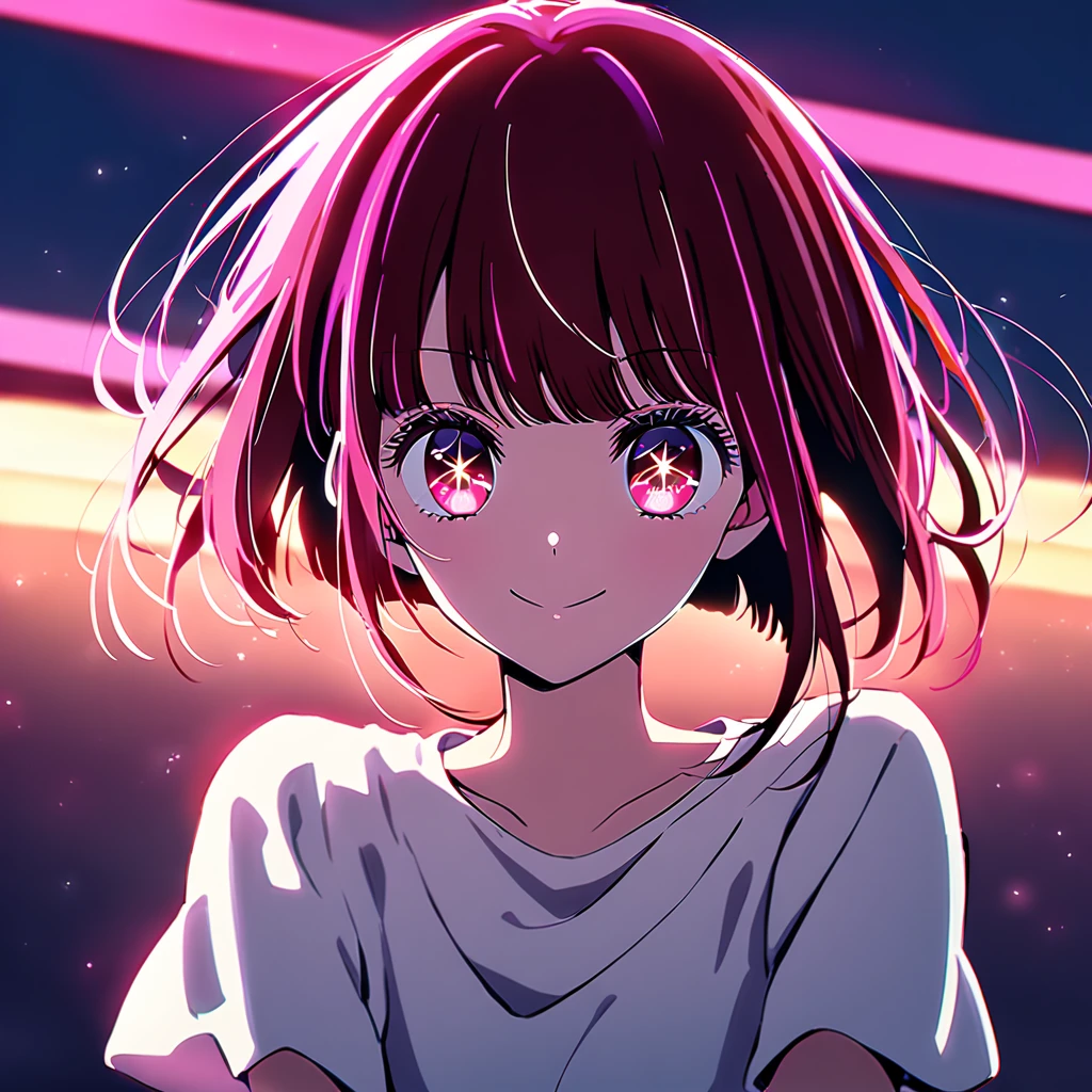 one person,solo,1girl,kana arima, red short straight hair ,detailed hair strands,hair shining with pink color, some pink light strands ,pink rem light,wide red eyes, star pupil ,colored eye highlights, kana arima is looking to the viewer from behing and smiling ,behind sun rem lights ,wearing her casual dress ,ultra hight quality ,oshi no ko art style, oshi no ko,anime