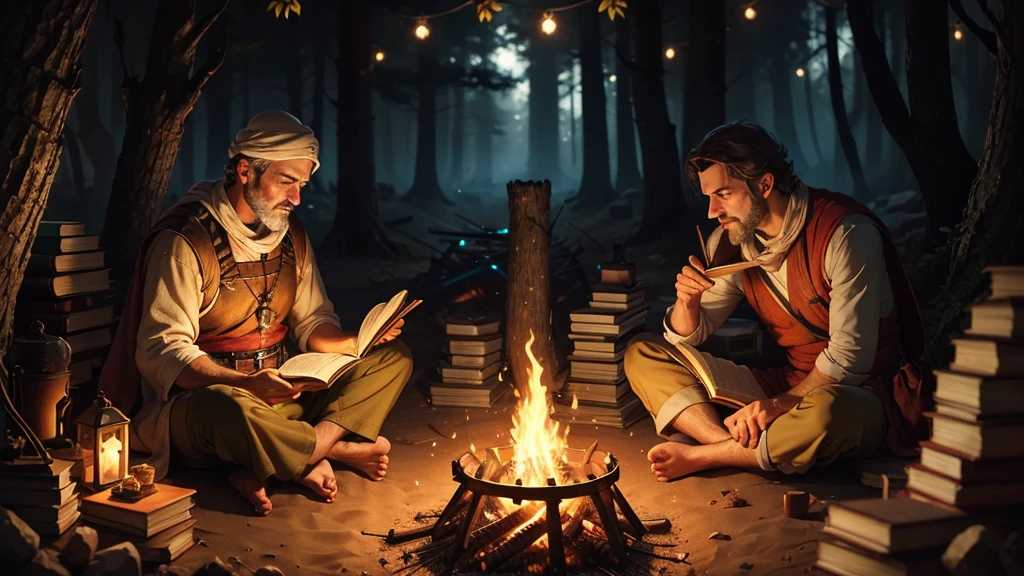 man reading a book in ancient clothing with a campfire