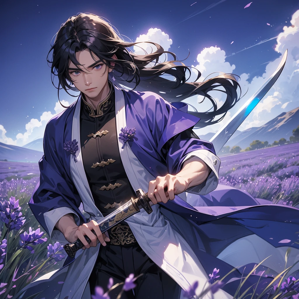 A Handsome black-hair male holding a large sword in blue-white ancient general chinese, close up.

Stroll among the purple lavender fields , There are some floating clouds,

 
