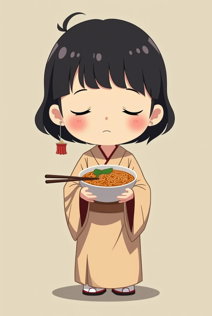 A simple drawing without many features of a closed-eyed Chinese girl in a Kimono and an Instant Noodle Soup in her hand, so her face doesn&#39;t look so real in the South Park style, without much shine and not at all realistic.