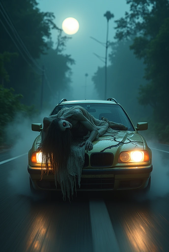 a long-haired zombie,zombie face. Ugly ghost.long hair cover face , ghost, ju-on , lying down pronebone on the roof of a car, wearing a ripped long white dress, car drifting. Car move fast , epic. High shutter speed. , dramatic lighting, cinematic atmosphere, moody color tones, high contrast, photorealistic, 8K, masterpiece, ultra-detailed. At night. Flash photography. In jungle scene. Horror scene. Car turn on light . Drive in car shocked. Moon background. 12 am. Fog night. Wet night. Road cracking. Big pop up eyes.