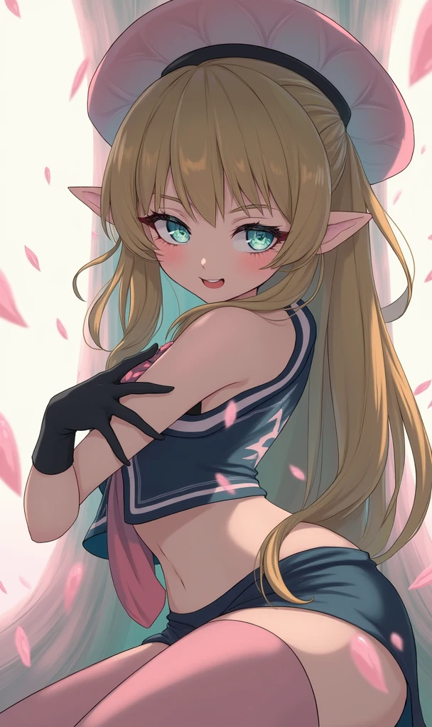 High resolution, Very detailed, perfect lighting, beautiful detailed eyes, ((masterpiece,Best Quality)), absurdities, alone, princess zelda, by the width, crown braid, Hair clip, pointy ears, Gloves without fingers, black gloves, smile, curves, nod, , deep neckline, deep neckline, pink thong, touching her breasts in a sexy way, close up, pigtails with bangs, pigtails with bangs, touching her breasts in a sexy way, teal eyes, close up, pigtails with bangs, pink boina, Slim fit sailor suit, Slim fit sailor suit, short black skirt, down on my knees, down on my knees, pink boina, pink boina, pink stockings, pink stockings, crouched on her knees, overhead, overhead, view from behind, view from behind, big ass, pigtails with fringe