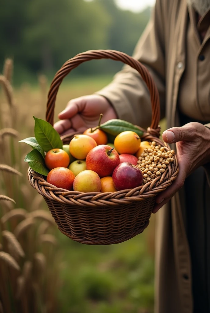 : A hand of an old man offering a basket of fruit or grains, symbolizing the offering of the first fruits.