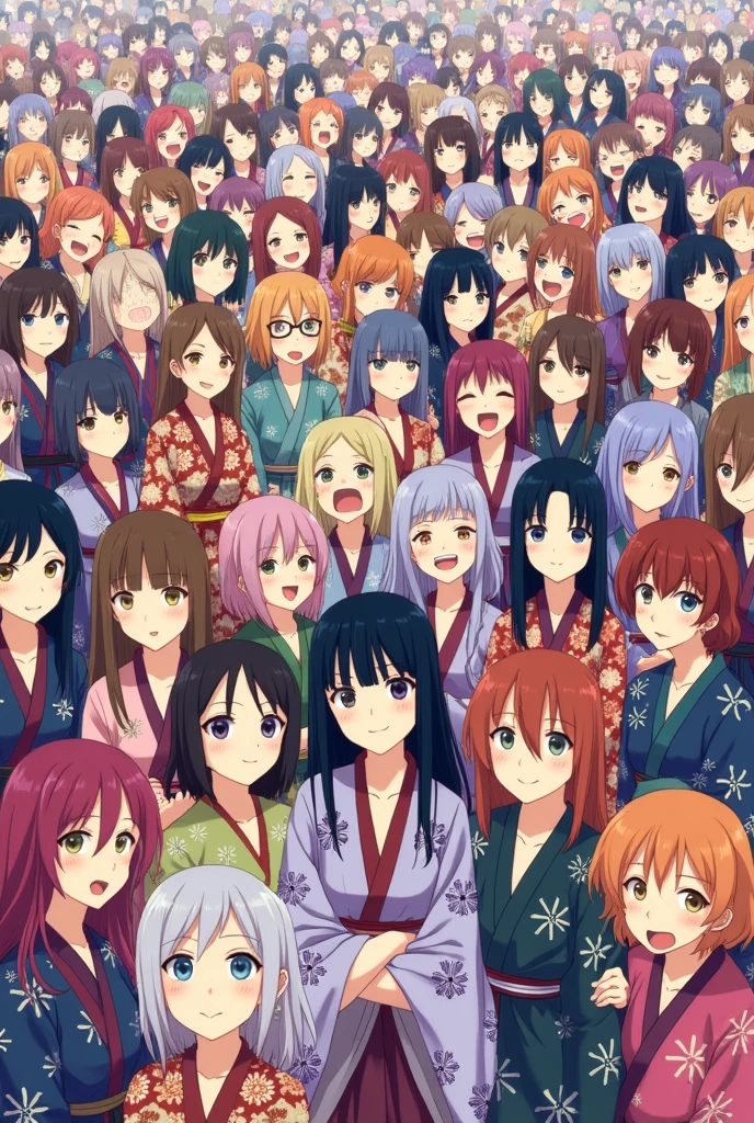 2,000 anime girls wearing colorful hiragakutas are taking a group photo, all of them pressed against each other.