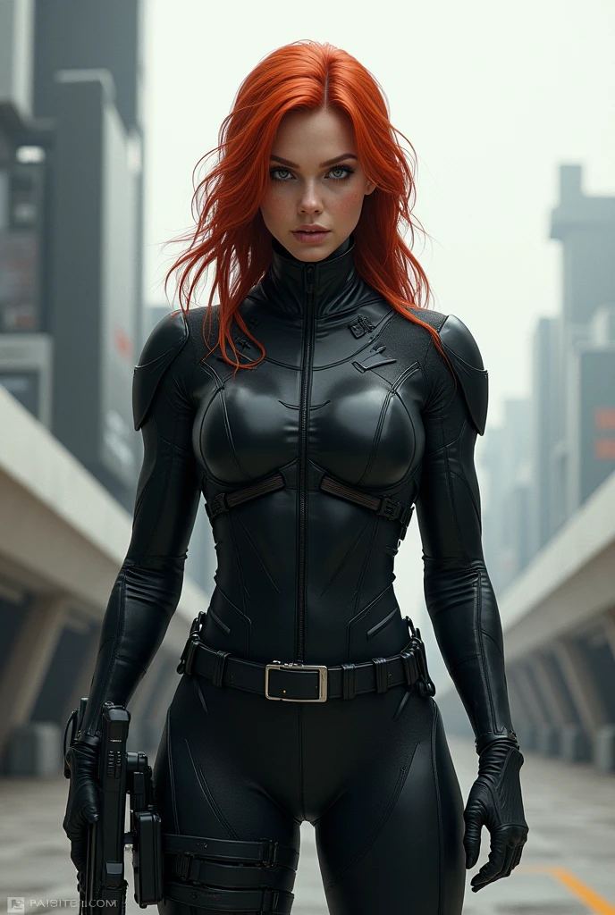 Concept art, woman, red hair, 2, atletic body, soldat, futuristic, all black, ultrarealist