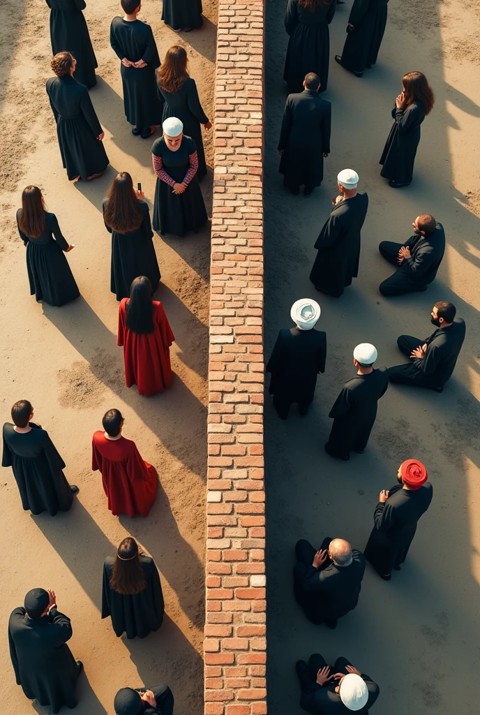 Aerial view of a brick wall dividing two groups of people praying. On the left side, women in evangelical dresses standing, facing the wall. on the right side, strong bearded iranian men in underwear islamic cap on their heads kneeling, also facing the wall. The scene is solemn, with nearby groups, showing unity in their respective spaces. The surrounding area is desolate, highlighting the importance of prayer and separation by the wall."