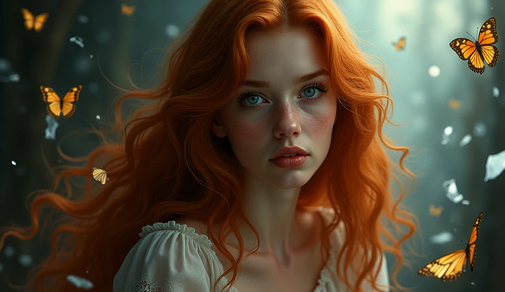 (solo, full body photo:1.3), (action packed:1.3), (haze, fog, mist:1.3), chiaroscuro, best quality, photorealistic, 1woman, (cute), (24yo:1.2), redhead, long ginger hair highly detailed, 1700'S, digital photography, art by artgerm and ruan jia and greg rutkowski surreal painting gold butterfly filigree, broken glass, (masterpiece, sidelighting, finely detailed Fashionable eyes: 1.2) (perfect oval large eyes that gazes at the viewer), beautiful detailed face, blue gorgeous perfect eyes, (blonde hair ponytail), (attractive young woman:1.3), (thick amazing hair), (seductive:1.1), (blushing:1.1)