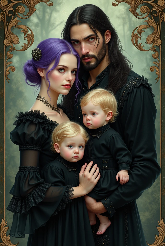 Art nouveau; Create a gothic family portrait of a yound purple haired woman and a young long black haired man with a braided chin beard, holding two blonde black dressed  boys