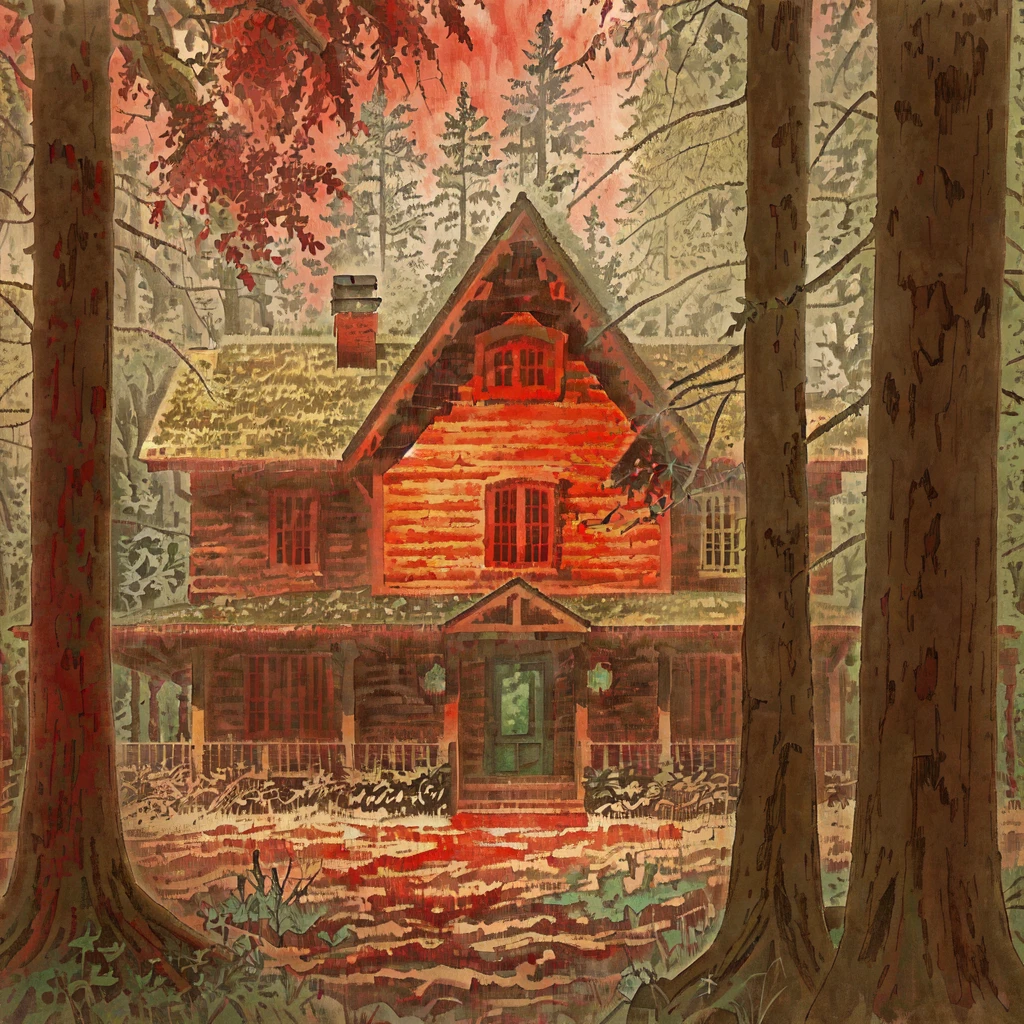 there is a red House in the Forests with a dark sky, Beautiful house on a forest path, House in the Forest, House in the Forest, House in the Forest, Hut in the forest, cottage in the woods, Mysterious appearance, Location of the dark old house, solitary Hut in the forest, witch cottage in the woods, a brick hut in the woods