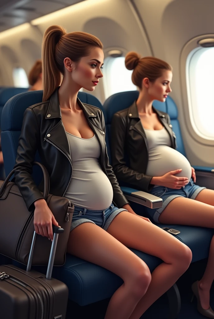 Femme cheveux attaché veste cuir mini short jean grand sac a main valise, elle est avec sa fille qui est enceinte, elles sont de petites taille