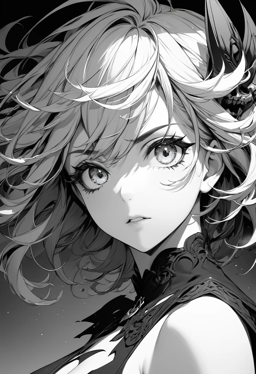 Black and white, monochrome,Side face,(very detailed CG Unity 8k wallpaper), (masterpiece), (highest quality), (very detailed), (best illustration), (best shadow), (sharp eyeliner, eyeshadow, detailed eyes: 1.1), (skullmake, night sky, :1.1), break,
