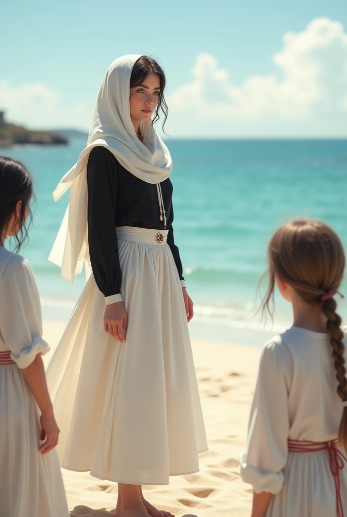 European, White headscarf, black long sleeve t shirt, white skirt, barefoot,Beautiful woman talking with her friends on the beach.