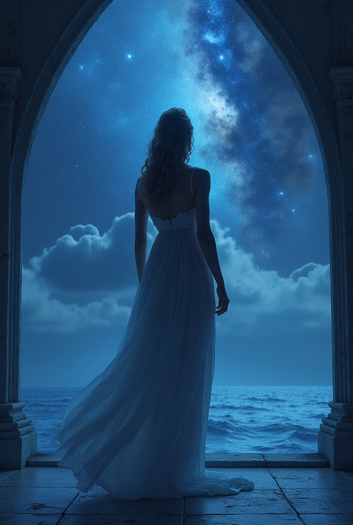 words "unlimited" It's written in big letters at the bottom of the screen., ((masterpiece, Highest quality, Best image quality, High resolution, Realistic, RAW Photos, 8k)), ((Highly detailed CG synthesis 8k wallpaper)), (Huge and stunning goddess shot, Very hot and sexy, Incredible beauty, Perfect Proportions, Beautiful body, Slim body beauty:1.4), Midnight, Looking up at the stars from the observation deck of a huge spaceship, Ancient Gods々The sky I looked up at, The origin of humanity, View from behind,