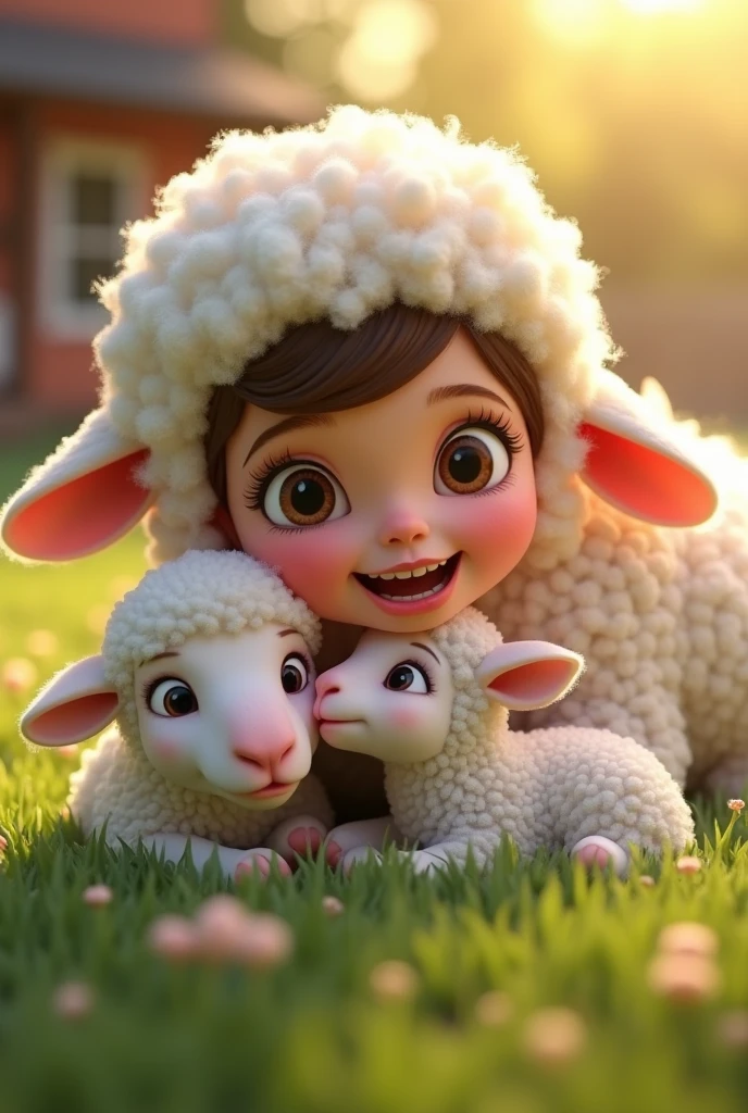 a  girl,white sheep,newborn lamb,disney pixar 3d animation style,cozy farm,soft lighting,beautiful detailed eyes,beautiful detailed lips,extremely detailed eyes and face,long eyelashes,adorable expression,beautiful scenery,lush green meadow,vibrant colors,3d render,photorealistic,ultra-detailed,best quality,8k,highres,masterpiece,physically-based rendering,vivid colors