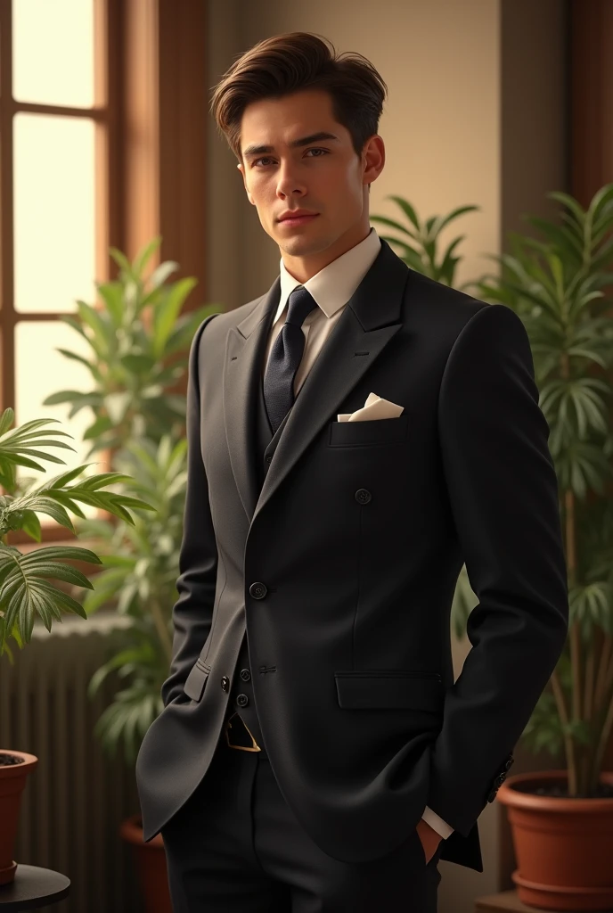 (photorealism:1.2), elegant man, standing, wearing a tailored suit, neat appearance, brown hair styled upwards, indoors, soft lighting, plants in background, window with sunlight, cozy room, confident pose, realistic, intricate details, warm colors, by Rembrandt, by John Singer Sargent