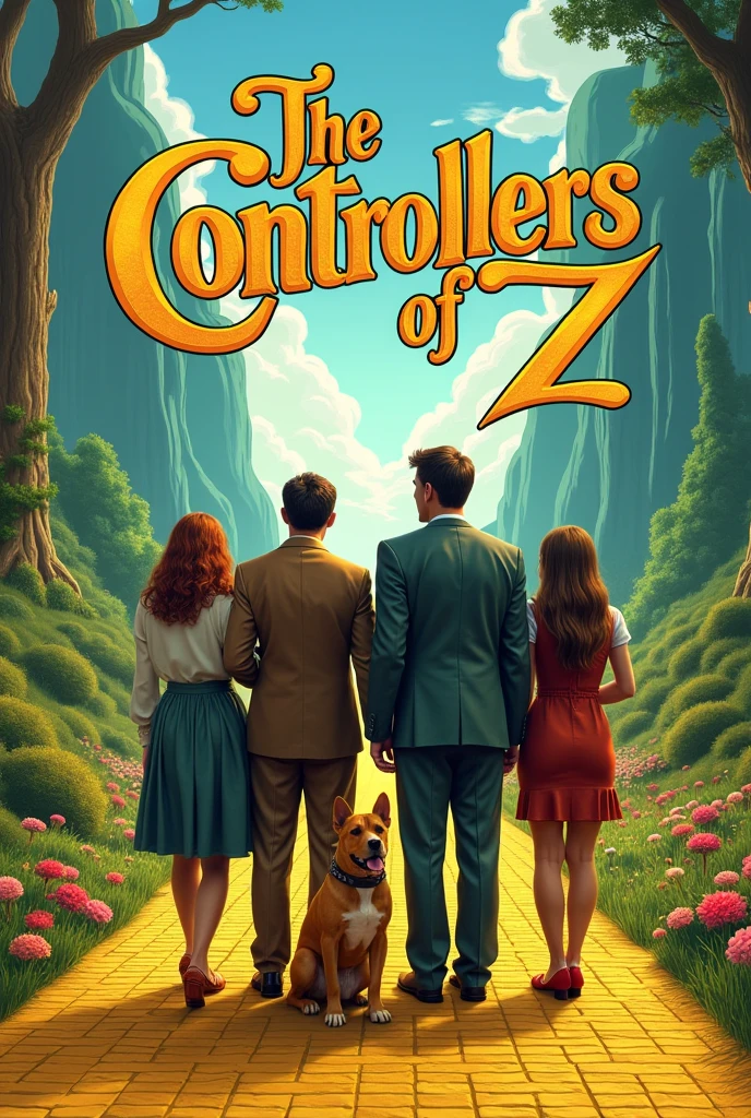 A cover just like the one in the movie "the wizard of oz" from 1939, but in place of the title "the wizard of oz" to place "The controllers" with the same font and put 4 people in the picture and a dog