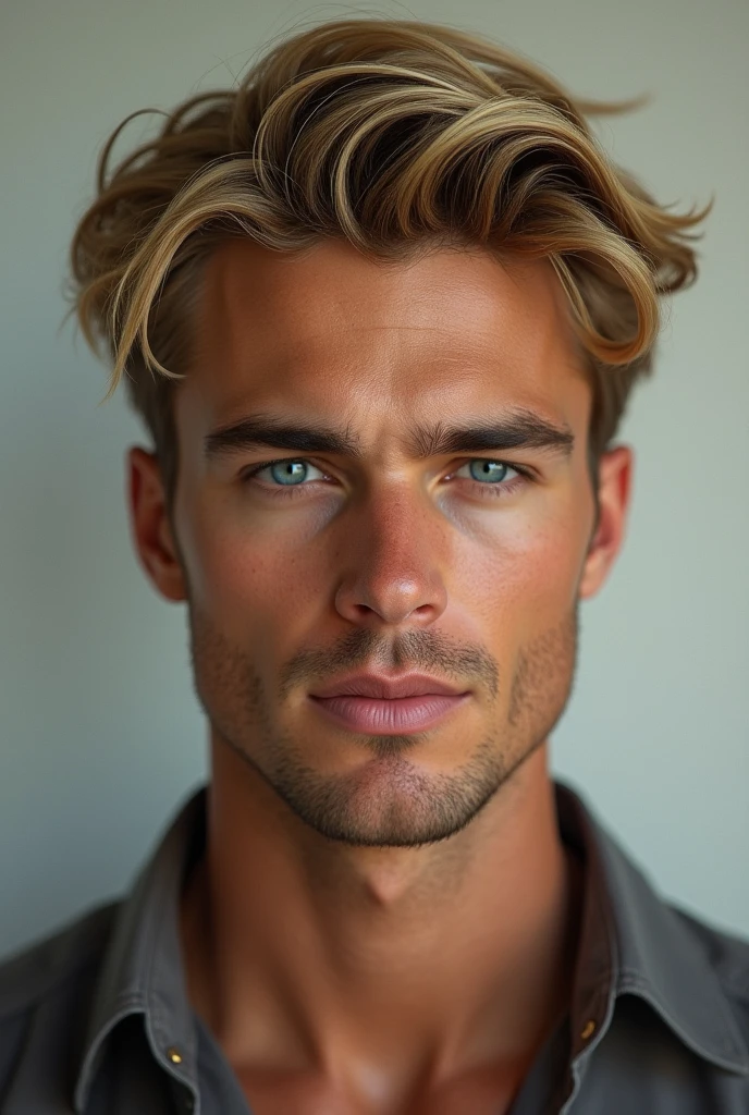 Golden hair, sharp jawline, high cheekbones, olive skin, blue eyes,  symmetrical face, straight nose, full lips.
Man