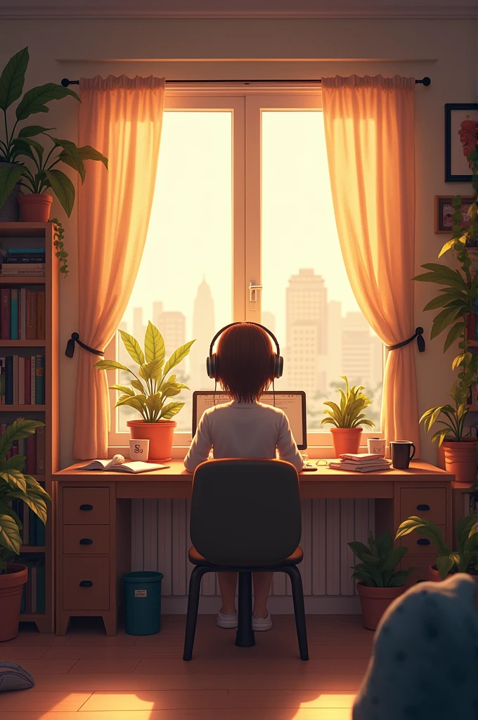 "Create an image featuring
a character sitting at a desk
with headphones on, in a cozy
room with warm lighting. The
room should have elements
such as books, decorations,
and a window showing either a
cityscape or nature.
The atmosphere should be
calm and inviting, suitable for
studying or relaxing. Include
soft shadows to enhance the
warmth of the scene."