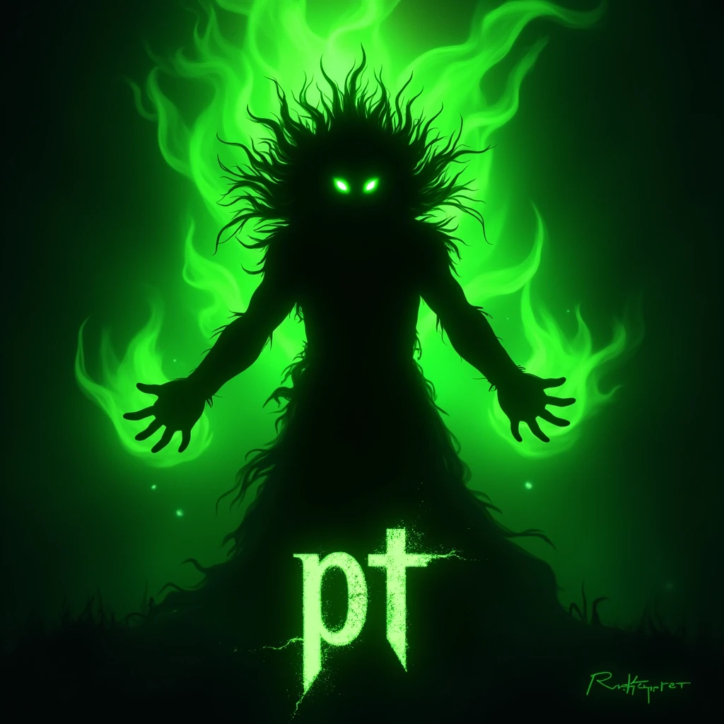 An abstract, dark silhouette of a character with two bright green, glowing eyes. The character is surrounded by intense, neon green flames or energy that gives a sense of power and movement. The silhouette's hair is wild and spiky, as if made of green fire. The background is filled with swirling, vibrant green energy, creating a supernatural and otherworldly atmosphere. At the bottom, the letters 'PT' are displayed in a bold, stylized font, slightly distorted and overlaid with glowing green effects to match the energetic theme of the image. The overall look is mysterious, with a strong neon green and black color contrast, emphasizing the glowing eyes and energy.