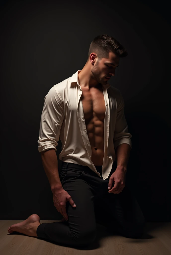 Man with half-open satin blouse on all fours on the floor so that only part of his chest is visible, torso lowered. posing sideways 