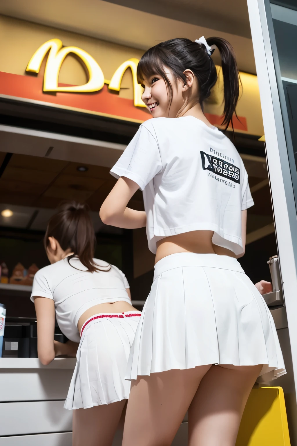 8k, real photo, two girls walking up long steep stairs in McDonald’s shop, ((white:1.5)) thin plain t-shirt with white pleated skirt, 1,bangs,a little smiles,thighs,knees,crotch,low ponytail,from below, low angle shooting, exposing white panty, in a process of taking off shirt, back shot