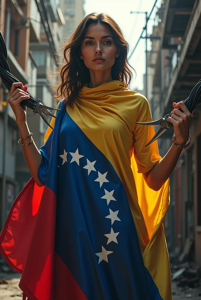 Woman with a Venezuelan flag, with pliers in hand cutting some electrical cables