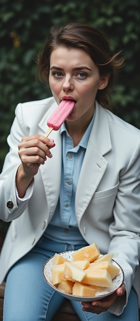 Sucking on a penis-shaped popsicle