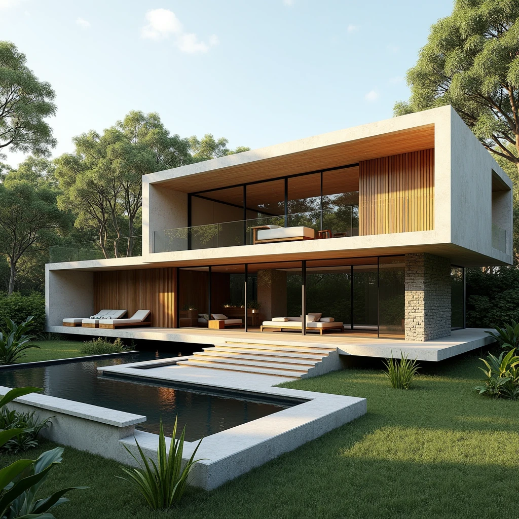 Exterior design , contemporary linear residence , Wood , glass and concrete ,  Northeast of Brazil , ultra realisitic , ultra-realistic render , 4 K , 