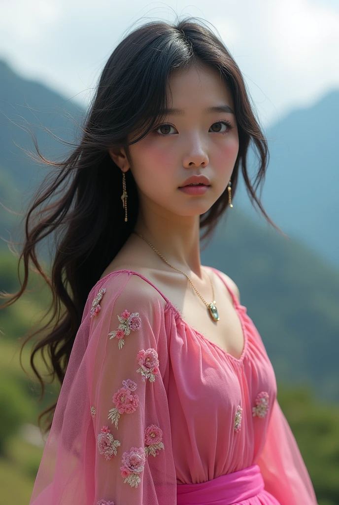 An north indian girl who looks like japanes and korean. Brown eyes long hair . Short pink dress . Detailed face . In background is nepal
