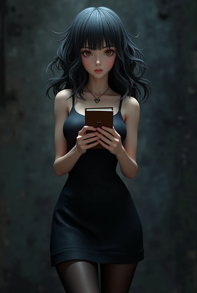 I want a 3d drawing of Misa Aname from Dead Note with curly hair and bangs, dark hair and brown eyes, with the Dead Note notebook in his hand and the girl is dressed in a black dress and black tights on her arms , on a dark background
