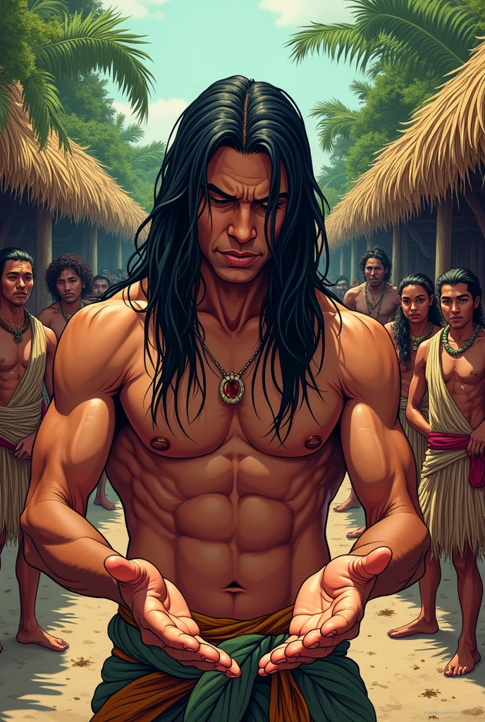 An indigenous man without upper garments with long straight hair looking at his own hands in amazement, in the background of the image there is a village with several people dressed in straw and leaves, comic book style, the scene contains vibrant and quite striking colors. 