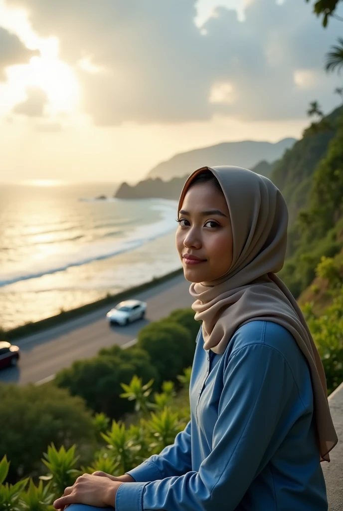1girl, Solo, High Resolution, Masterpiece, Textured Skin, white skinned, young women, 20 years old, hijab, a beautiful young Indonesian woman, wearing a blue shirt and hijab sits on a concrete barrier along a coastal road. The road stretches out behind her, cars driving along it, with lush green foliage beyond. The ocean is visible in the distance, a soft sunset casting a warm glow over the scene. The sky is filled with soft, fluffy clouds.