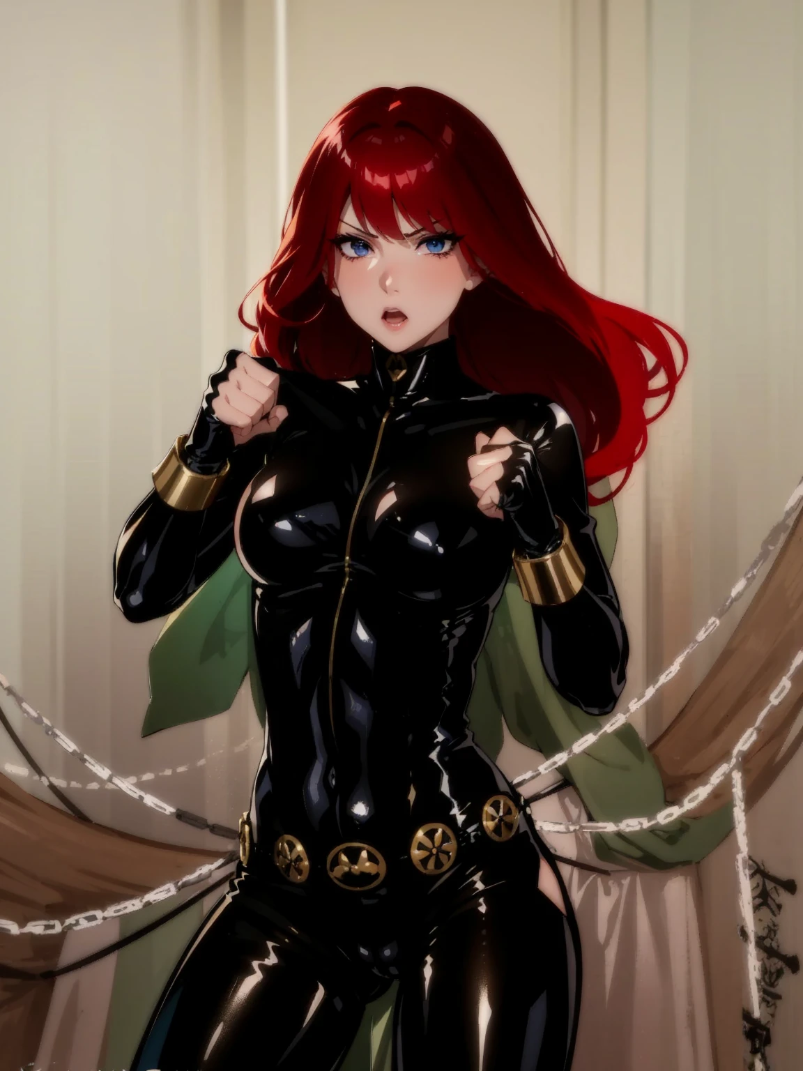 The image is a drawing of a girl with shoulder-length, bright red hair dressed in a sleek skin-tight shiny black latex bodysuit with a silver zipper running down the front. The suit is complemented by her golden wrist guard on both wrists and a golden belt made of shiny circles. She has blue eyes. She stands with a strong posture, hands clenched into fists at her sides, and eyes cast with a determined or fierce gaze. In the background, there are white chains that curve upwards. Her overall stance and the background chains convey a powerful presence and a sense of energy, readiness for action, and possibly a dangerous situation.