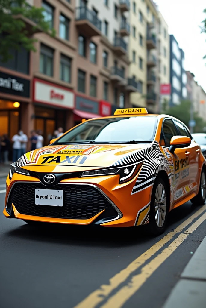 Design a 'Briyani Taxi' service car, which is a Toyota Corolla. The car features a vibrant mix of orange, yellow, white, and black colors, with bold stripes or patterns that stand out. The taxi should have the 'Briyani Taxi' logo prominently displayed on the sides. The overall design should be modern, lively, and reflect the fun and flavorful essence of the service. Place the car in an urban street setting, emphasizing its unique and eye-catching appearance.