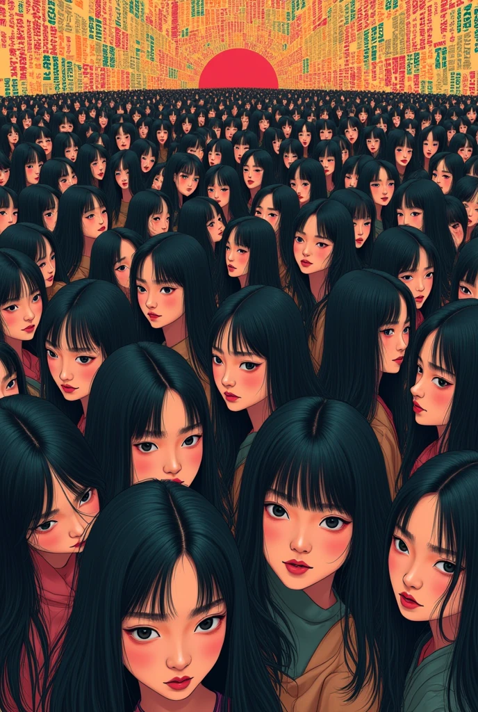 2,000 long-haired Asian girls in colorful hiragana pose for a group photo, pressed against each other and looking uncomfortable.