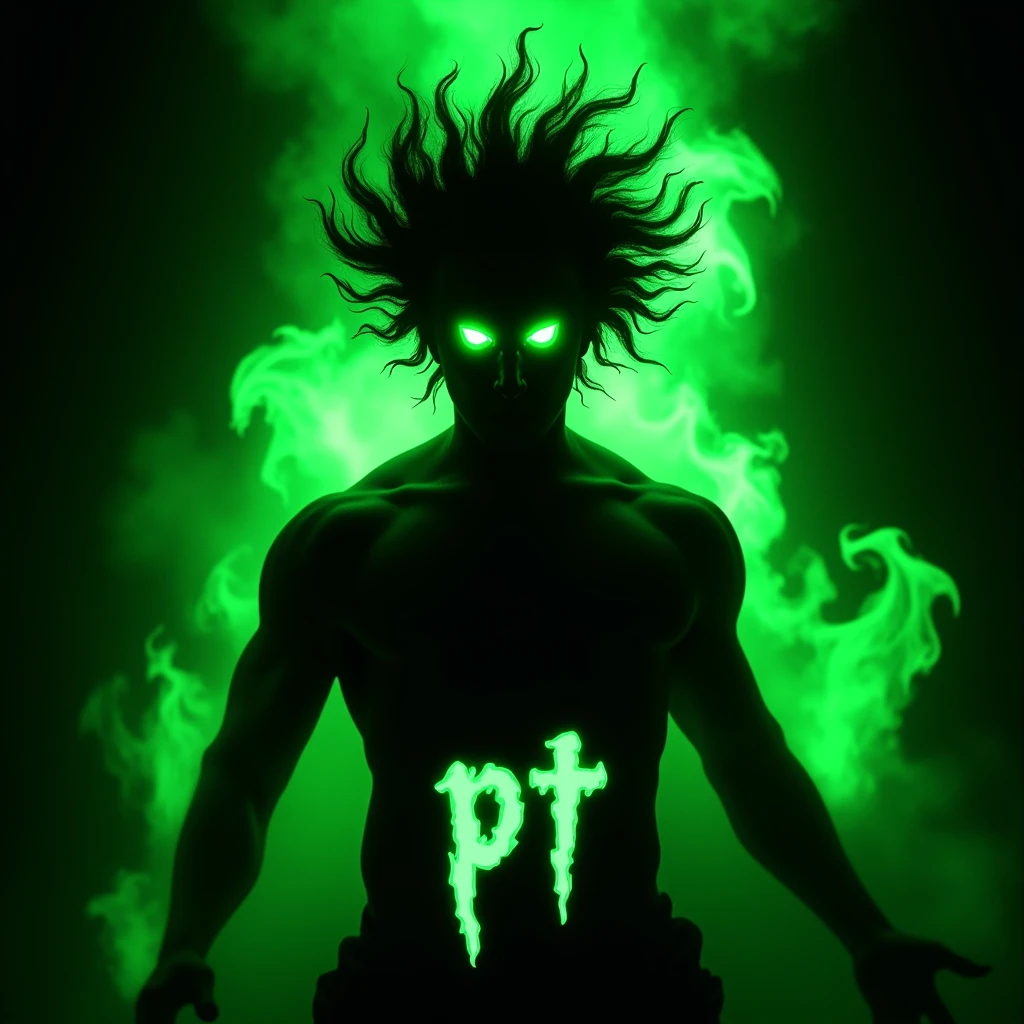 An abstract, dark silhouette of a character with two bright green, glowing eyes. The character is surrounded by intense, neon green flames or energy that gives a sense of power and movement. The silhouette's hair is wild and spiky, as if made of green fire. The background is filled with swirling, vibrant green energy, creating a supernatural and otherworldly atmosphere. At the bottom, the letters 'PT' are displayed in a bold, stylized font, slightly distorted and overlaid with glowing green effects to match the energetic theme of the image. The overall look is mysterious, with a strong neon green and black color contrast, emphasizing the glowing eyes and energy.