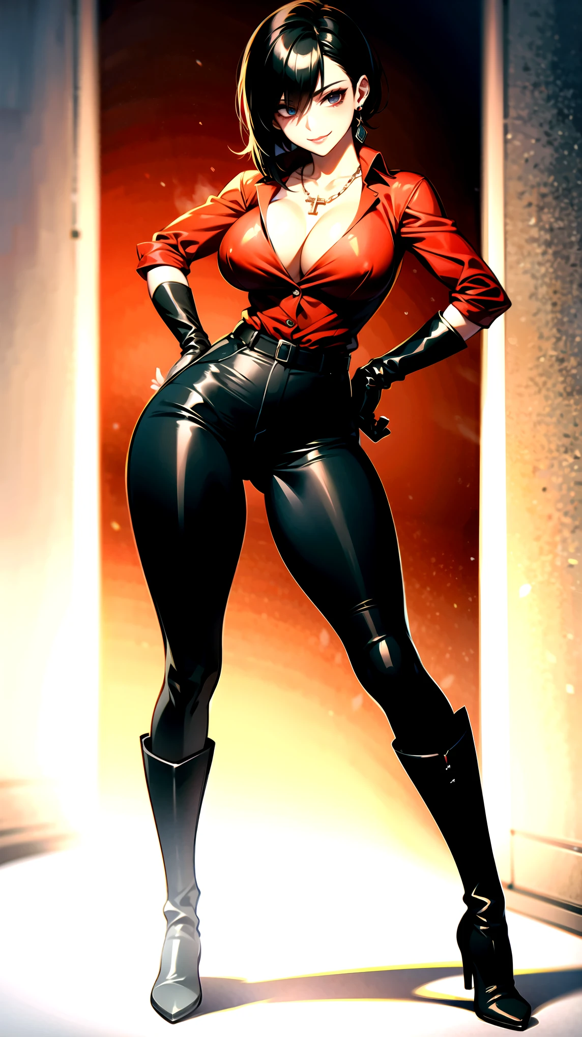 ((super high quality,))((Ultra-high resolution,))(16K,)(super masterpiece,)((Ultra HD ,))(Detailed shading,)Full body photo,A sexy mature woman,((popped Tight collar Red shirts,))Folded sleeves,Black long gloves,((Glossy black pants, ))Black long boots,Black hair straight short,Sharp Eyes,Cleavage,Place one hand on hip,slouch,Provocative smile,necklace with cross,