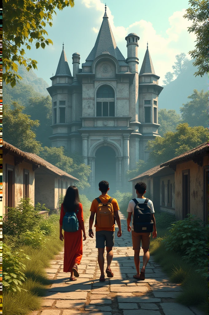 Generate a high quality realistic seen in Cincinnati 3d style Sunita and her friends Ravi and Monu were heading towards the village's most mysterious place, the old mansion. The mansion had been abandoned for years, and the villagers said that strange noises could be heard there at night. Many frightening stories about this mansion were famous.