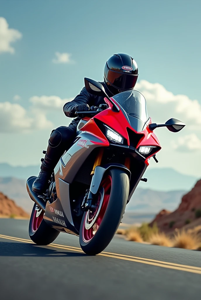 Guy riding yamaha r15 v3 with red and grey color