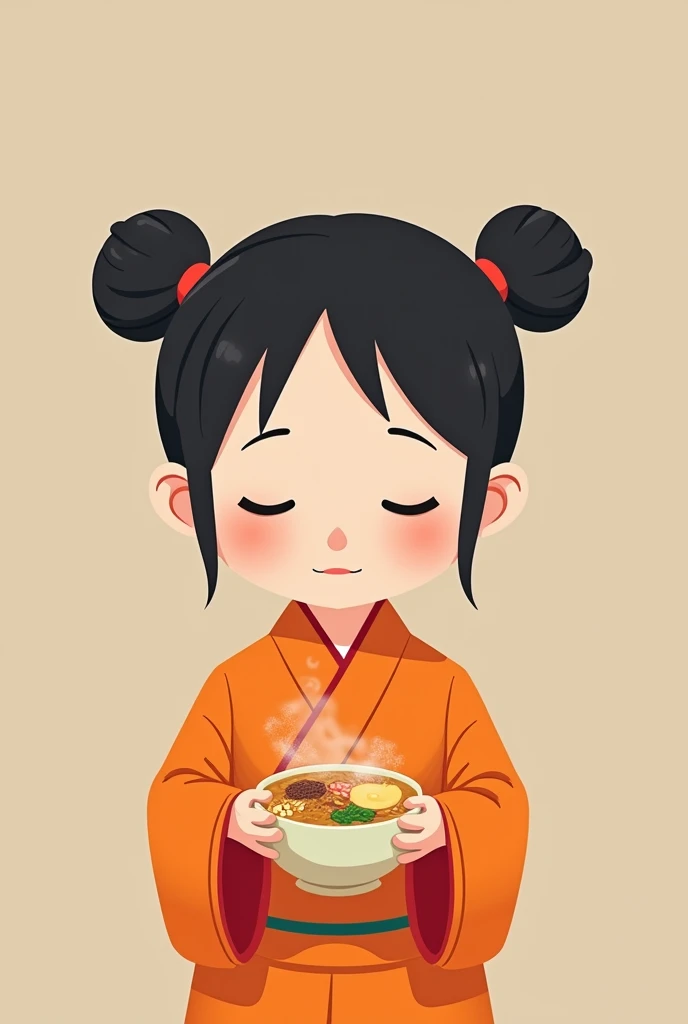 A simple drawing without many features of a closed-eyed Chinese girl with two Pucca-type tails and an orange Kimono and an instant noodle soup in her hand, so that her face does not look so real in the South Park style, without much shine and not at all realistic.