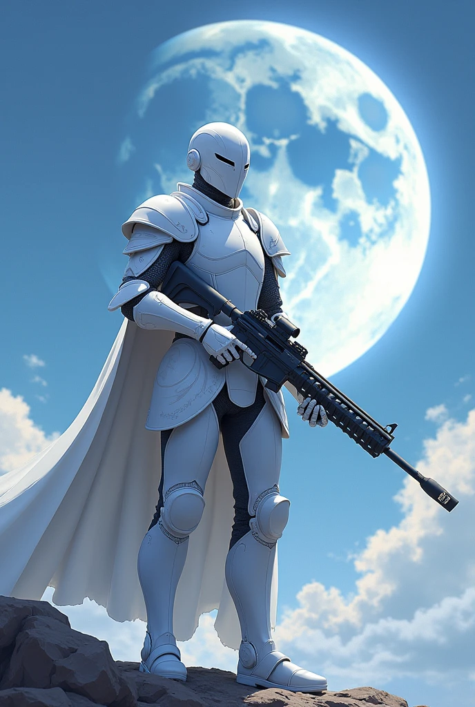 A Knight in a white armour and holding awm gun and in background moon in anime version