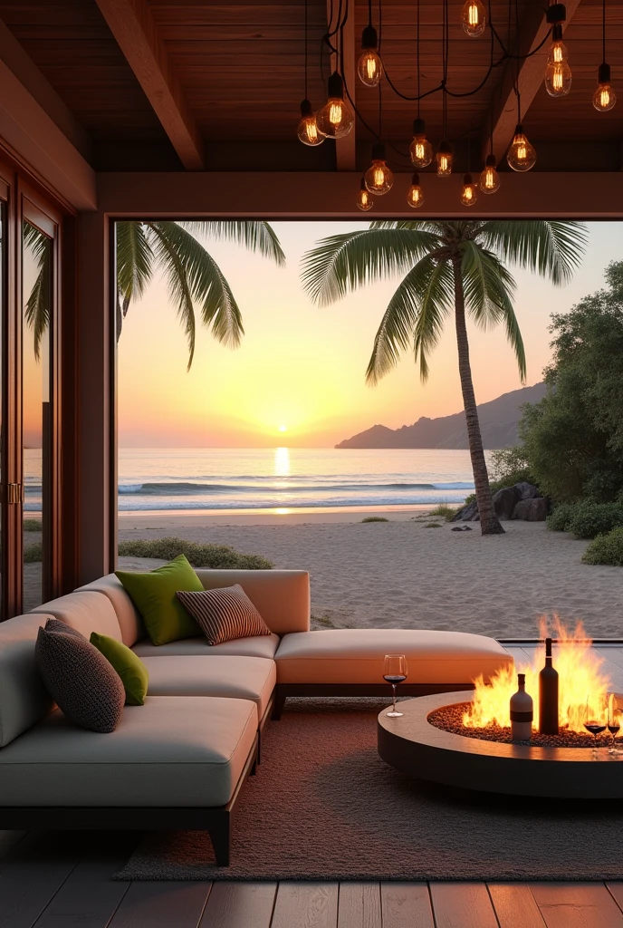 Design a luxurious outdoor living space on a sandy beach at sunset. The area features a modern, open-plan setup with large glass doors, a comfortable beige sectional sofa adorned with green and striped pillows, and a sleek black coffee table with two glasses of wine and a wine bottle on it. In the center, there is a circular stone fire pit with a vibrant fire, casting a warm glow. Hanging above the space are several exposed light bulbs with dark fixtures, adding a stylish and cozy atmosphere. In the background, palm trees gently sway with the sea and sky reflecting the colors of the setting sun