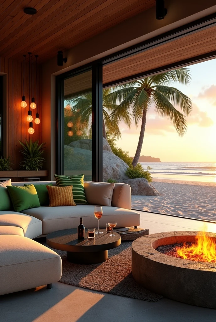 Design a luxurious outdoor living space on a sandy beach at sunset. The area features a modern, open-plan setup with large glass doors, a comfortable beige sectional sofa adorned with green and striped pillows, and a sleek black coffee table with two glasses of wine and a wine bottle on it. In the center, there is a circular stone fire pit with a vibrant fire, casting a warm glow. Hanging above the space are several exposed light bulbs with dark fixtures, adding a stylish and cozy atmosphere. In the background, palm trees gently sway with the sea and sky reflecting the colors of the setting sun